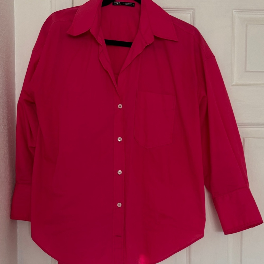 ZARA Bright Fuchsia Pink Long Sleeve Poplin Blouse XS Oversized - Picture 4 of 11